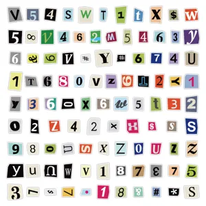 Vue détaillée d'autocollants colorés de lettres et de chiffres style rétro pour DIY.