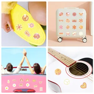 Detailed view of vintage hippie waterproof stickers showcasing cute retro daisy and peace designs.