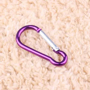 Purple aluminum gourd carabiner detail, close-up shot of small outdoor metal spring clip.