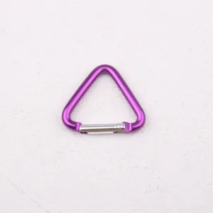 Kompakter lila dreieckiger Aluminium-Karabiner Federklemmen Detailansicht für Outdoor Rucksäcke.
