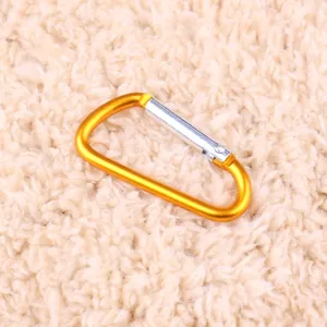 D-shaped aluminum alloy carabiner small snap hook detail, lightweight outdoor camping gear clip.