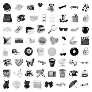 Detalle de pegatinas impermeables en blanco y negro, pack de 60 pegatinas de vinilo para portátil.
