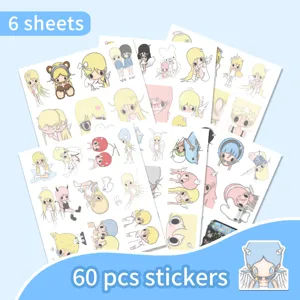 Cute Korean Style Cartoon Angel Girl Waterproof Stickers Set, 6 Sheets 60 Pcs for Laptop Phone