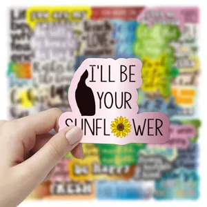 Motivational quote waterproof sticker detail shot showing inspiring text and cute sunflower design.
