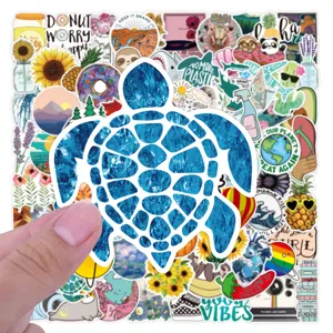 Detailed view of waterproof vinyl sticker pack with cute turtle and aesthetic designs for decoration.