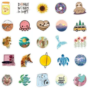 Detailed view of assorted aesthetic cute stickers, perfect for decorating water bottles and laptops.