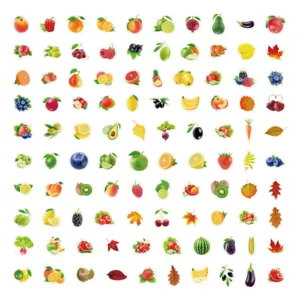 Close up detail of colorful fruit and leaf stickers sheet, cute decal design for decoration.