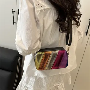Trendy metallic rainbow crossbody camera bag for women with wide strap fashion daily use.