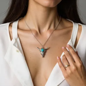 Detailed shot of a vintage western silver bull skull pendant necklace with turquoise stone.