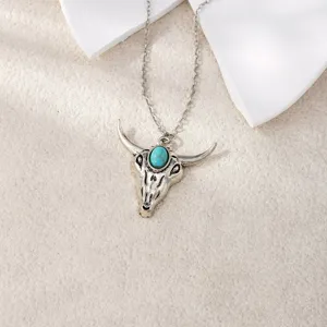 Vintage western cowboy bull skull pendant necklace with turquoise stone for retro jewelry