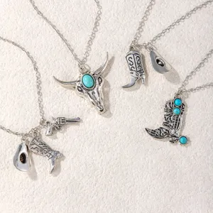 Western vintage style alloy necklace featuring cowboy boot, hat and bull skull pendants.