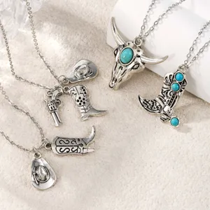 Detailed view of vintage western cowboy style pendant necklace set with turquoise details.
