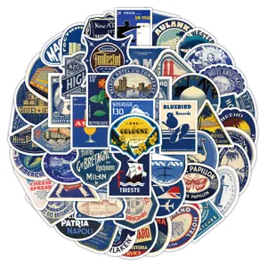 Vintage Blue Waterproof PVC Stickers Decals For Laptop Phone Water Bottle Luggage Scrapbook Aesthetic Retro Travel Sticker Pack