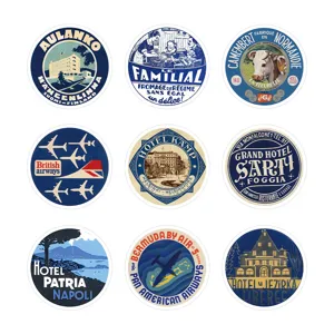Vintage blue travel luggage stickers set, waterproof retro hotel airline laptop decal.