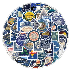 60pcs blue vintage aesthetic stickers waterproof retro travel hotel luggage laptop decals