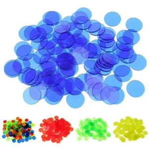 Colorful plastic transparent round counting chips bingo counters for math learning games and fun play.