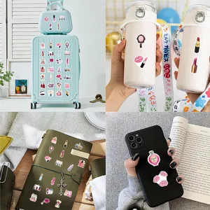 Cute pink cosmetic stickers waterproof vinyl decals for luggage water bottle journal 54pcs