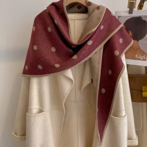 Vintage polka dot jacquard double-sided triangular shawl for women, thick warm winter outerwear.