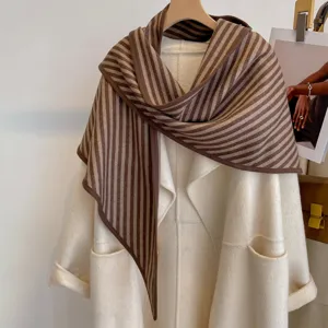 Detail view of the retro vertical striped thickened triangular scarf showing soft knit texture.