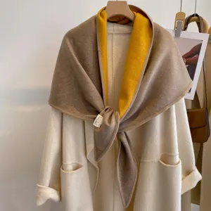 Detailed view of autumn winter reversible color block triangular shawl for women cozy warm style