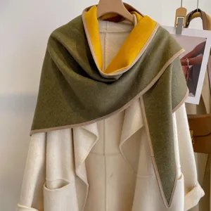 Women winter warm thick colorblock triangular shawl double sided green yellow fashion scarf