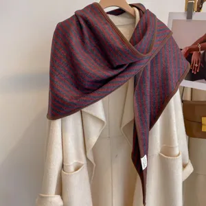 Detailed view of autumn winter retro vertical striped thickened triangular shawl scarf.
