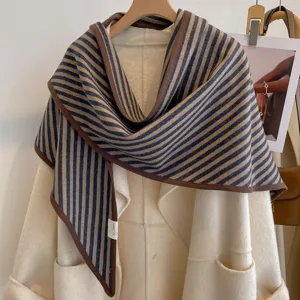 Autumn winter retro vertical striped thickened triangular shawl fashion warm color-matching scarf