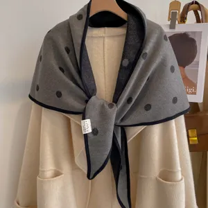 Grey polka dot double-sided triangular shawl, cozy warm scarf detail view for women's autumn style.
