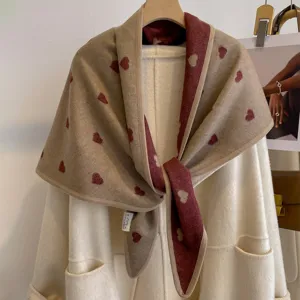 Autumn winter thick jacquard double sided triangular shawl women warm outer wear heart pattern scarf