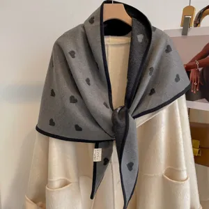 Autumn winter thick heart jacquard double sided triangular shawl warm decorative grey scarf for women.