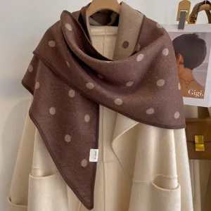 Brown polka dot reversible triangular shawl, thick warm outer wear fashion winter design.