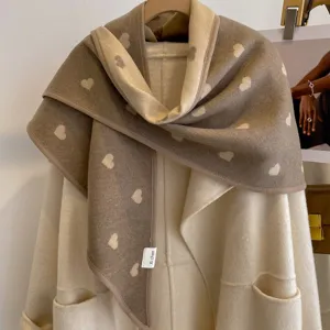 Detail view of the autumn winter thick heart jacquard double sided triangular scarf shawl.
