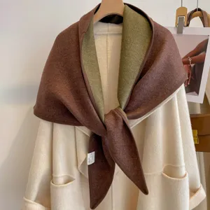 Women's autumn winter thick double-sided color block triangle shawl scarf warm elegant wrap