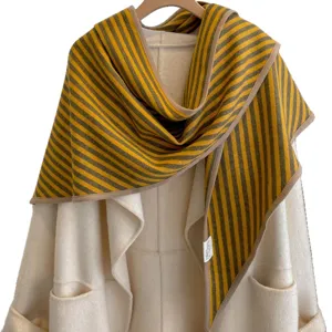 Autumn winter vintage vertical striped double sided thickened triangular shawl women cape scarf