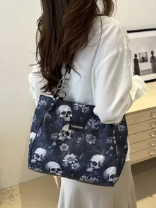 Modische große Schulter-Tragetasche mit stilvollem Totenkopf- und Blumen-Druckmuster.