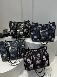 Grosse kapazitaet damen shopper tasche skull blumen druck schultertasche modische freizeittasche