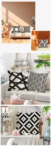 Detailed view of modern geometric pattern throw pillow covers and religious sofa cushion decor.