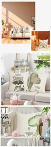 Housses de coussin en lin imprimé moderne minimaliste, design d'animal de dessin animé mignon.
