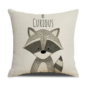 Housse de coussin en lin imprimé avec raton laveur mignon, décoration canapé salon.