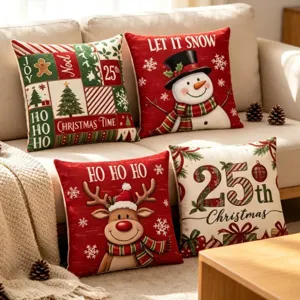 Christmas throw pillow covers set with cute snowman reindeer and festive holiday prints for home decor.