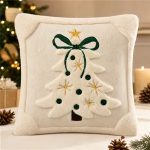 Fodera per cuscino natalizio con albero ricamato, ideale per divano e decorazione domestica.