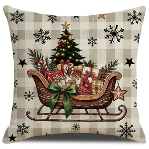 Retro plaid Christmas pillow cover with festive sleigh tree and gifts for holiday sofa decor.
