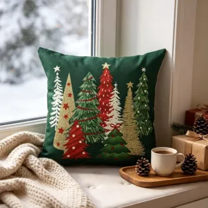 Christmas tree print throw pillow cover detail, cozy winter home window decor aesthetic.