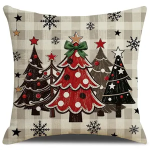 Retro plaid Christmas pillowcase featuring charming holiday trees and snowflakes for sofa decor.