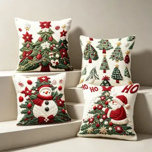 Christmas embroidered cushion cover set featuring cute snowman and Santa Claus designs.