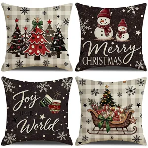 Set of 4 Christmas throw pillow covers with vintage plaid snowman and tree designs detail