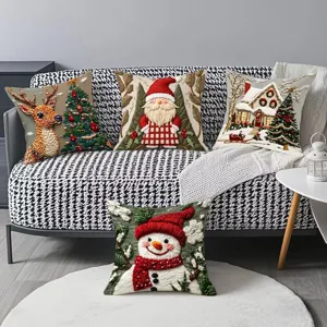 Christmas throw pillow cover set, cute cartoon Santa snowman elk linen cushion case decor.