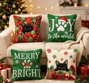 Christmas cat decorative throw pillow cover, cute holiday festive sofa cushion cover case.