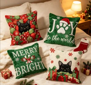 Christmas black cat throw pillow detail shot, festive embroidered holiday cushion decor setup.