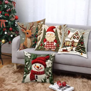 Christmas throw pillow covers set with cute cartoon snowman and deer for holiday decor.